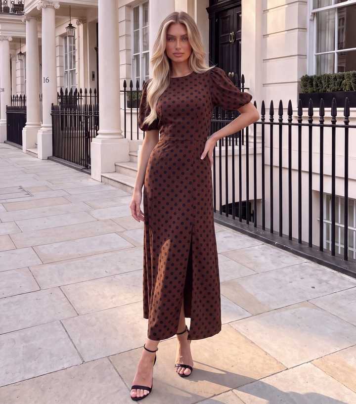 AX Paris Dark Brown Polka Dot Puff Sleeve Midi Dress