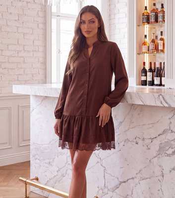 AX Paris Dark Brown Lace Hem Smock Shirt Mini Dress
