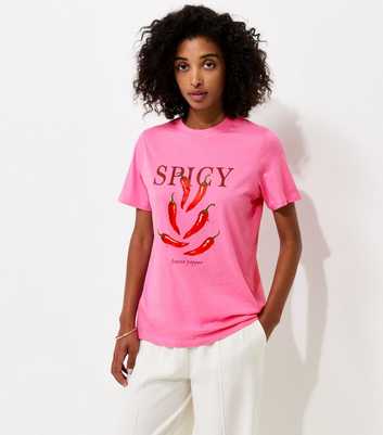 Bright Pink Cotton Spicy Chilli Print Relaxed T-Shirt