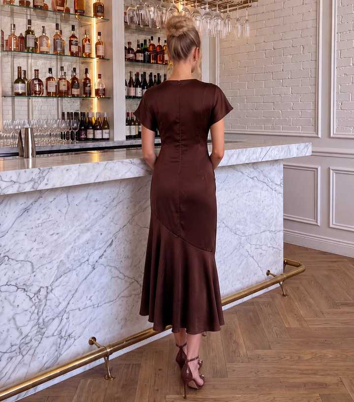 dark brown ruched dress AX Paris Satin Side Midi The bandeau neckline offers