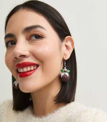 Brown Christmas Pudding Enamel Drop Earrings
