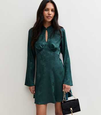 Teal Floral Satin Keyhole Long Sleeve Mini Dress