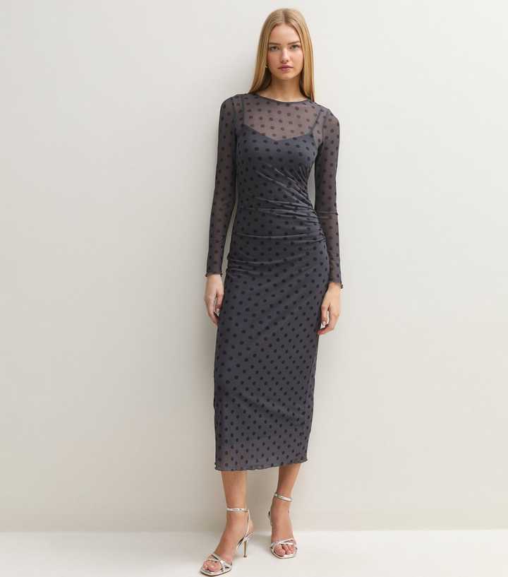 Grey Mesh Ruched Long Sleeve Midi Dress