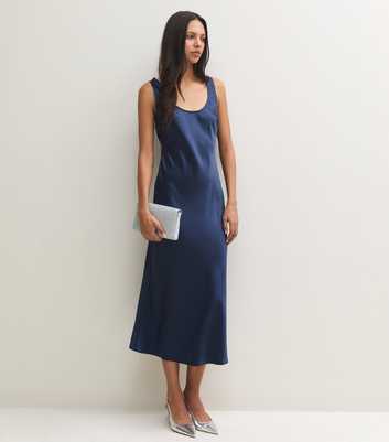 Navy Satin Wide Strap Slip Midi Dress