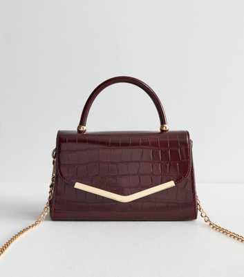 Dark Burgundy Faux Leather Crocodile Embossed Top Handle Bag