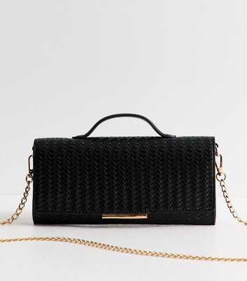 Black Faux Leather Woven Top Handle Clutch Bag