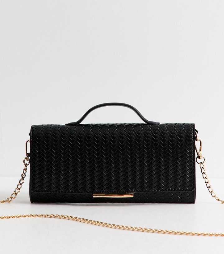 Black Faux Leather Woven Top Handle Clutch Bag