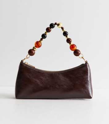 Dark Brown Faux Leather Beaded Handle Shoulder Bag