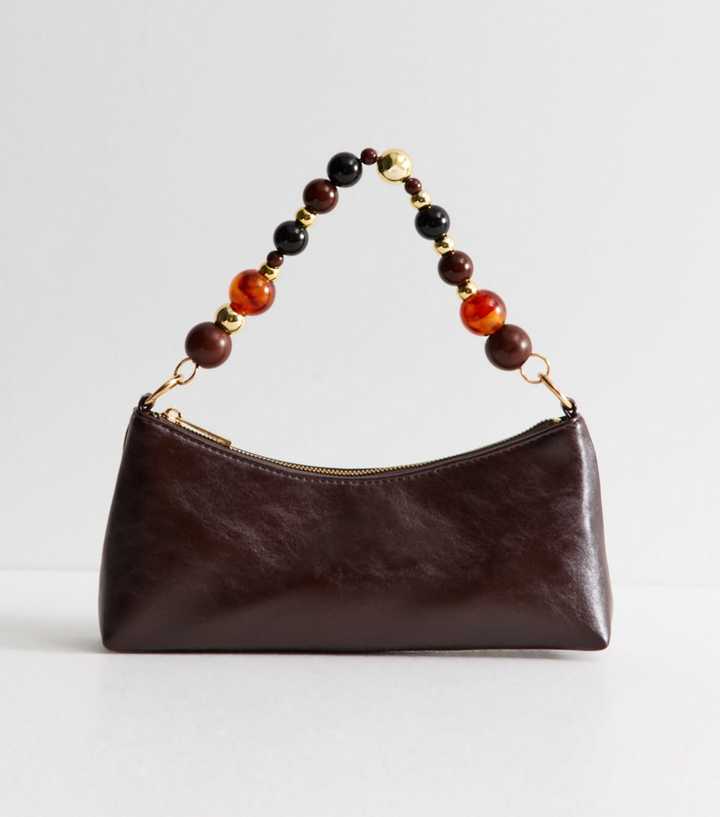 Dark Brown Faux Leather Beaded Handle Shoulder Bag