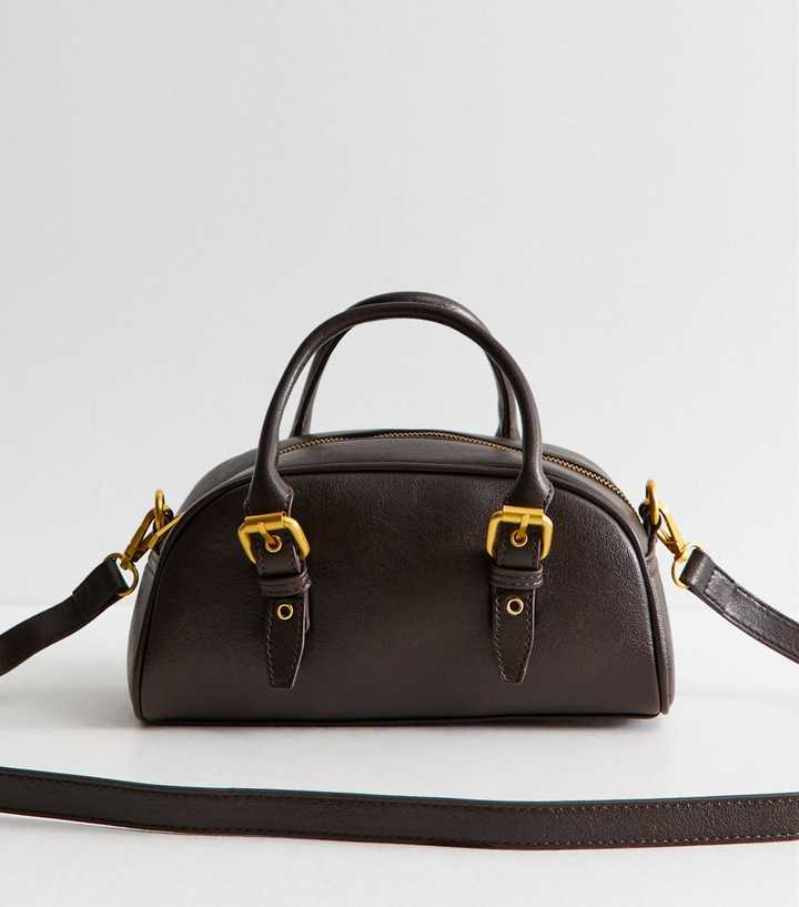 Dark Brown Faux Leather Mini Grab Handle Bowling Bag