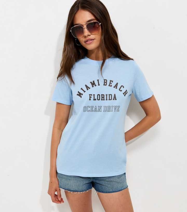 Light Blue Cotton Miami Beach Print Relaxed T-Shirt