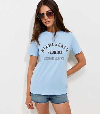 Light Blue Cotton Miami Beach Print Relaxed T-Shirt
