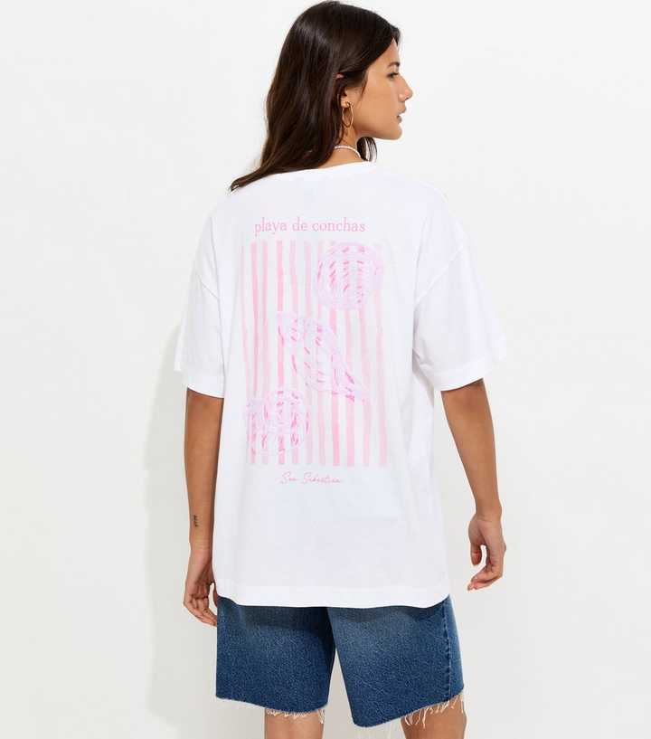 White Cotton Shell Print Oversized T-Shirt
