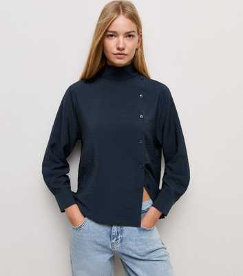 Navy Funnel High Neck Long Sleeve Shirt