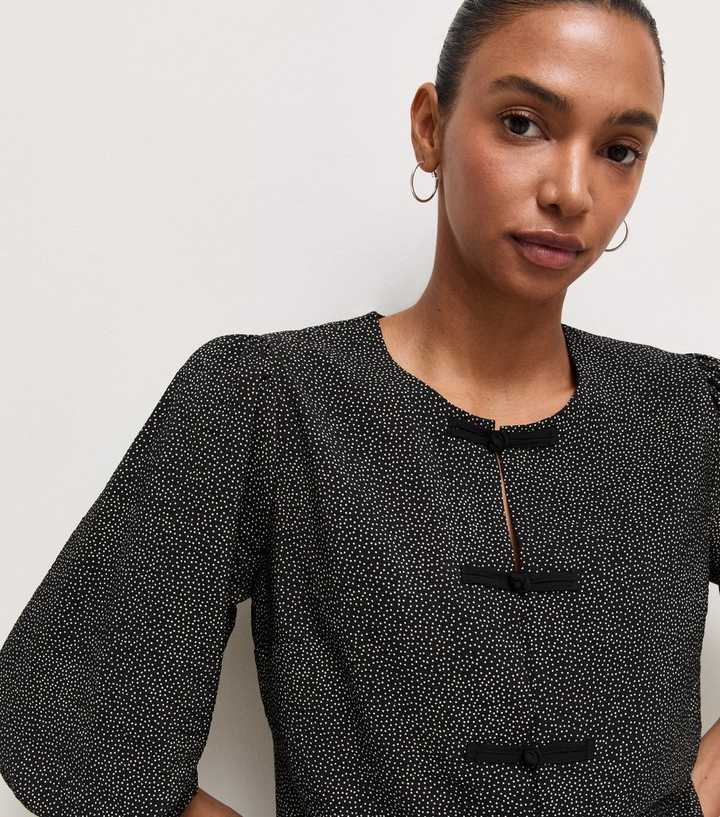 Black Spot Print Knot Front Blouse