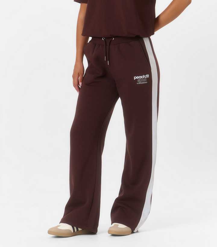Peach:Fit Dark Brown Side Stripe Wide Leg Joggers