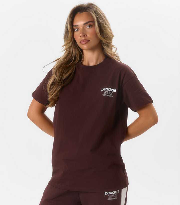 Peach:Fit Dark Brown Oversized Logo T-Shirt