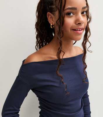 Girls Navy Cotton Rich Bardot Long Sleeve Top