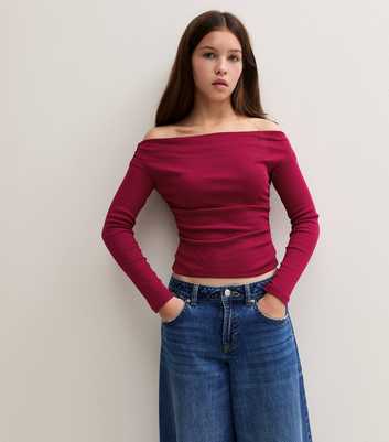 Girls Burgundy Cotton Rich Ruched Bardot T-Shirt