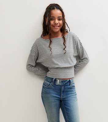Girls Grey Striped Long Sleeve Off the Shoulder Top