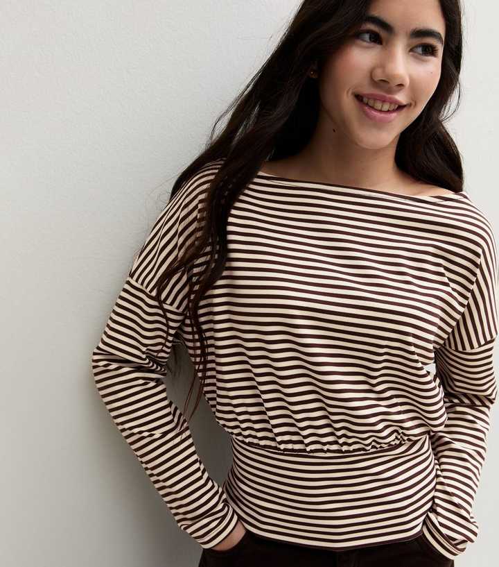 Girls Brown Striped Long Sleeve Off the Shoulder Top