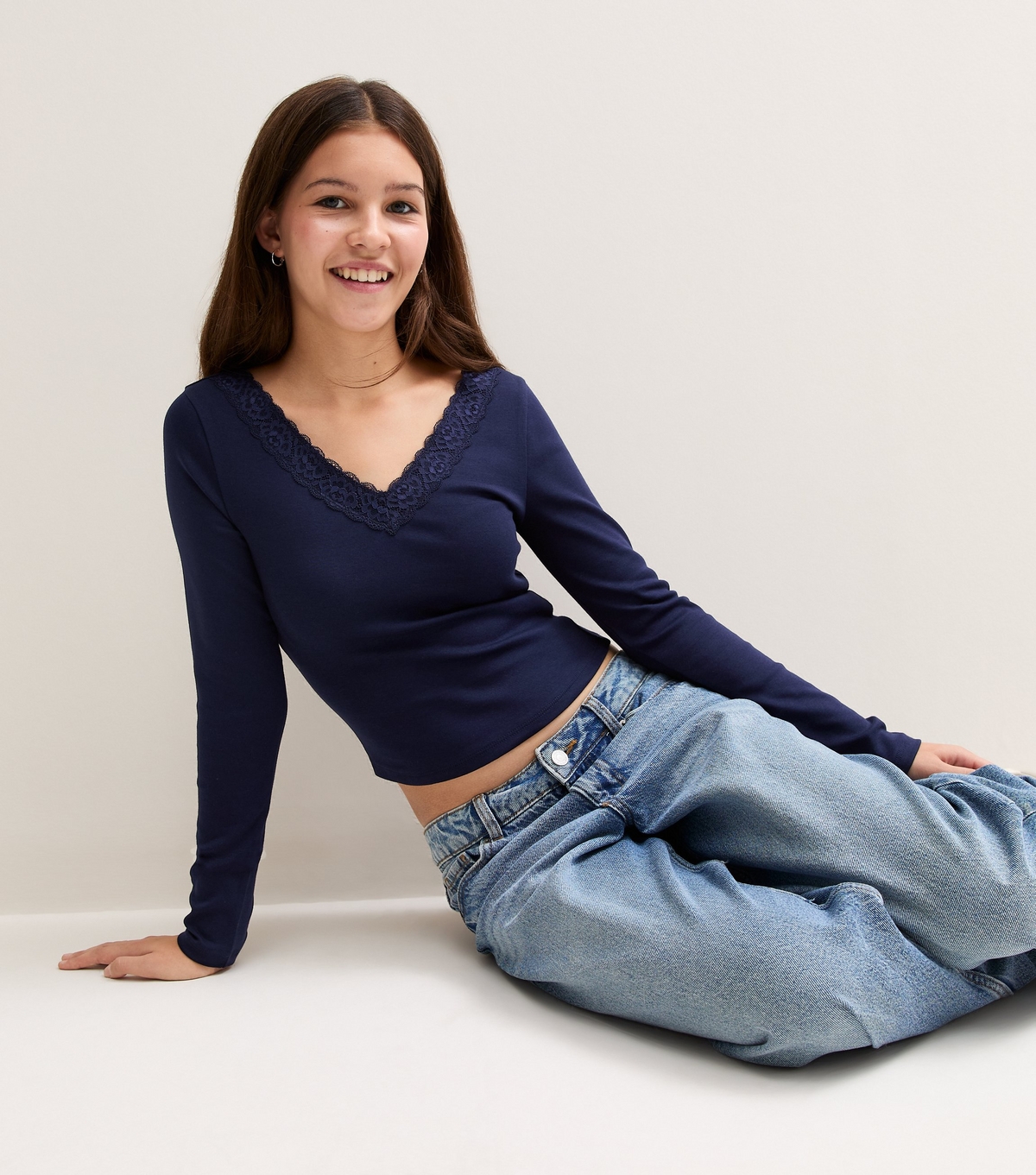 Girls' Navy Lace Trim V-Neck Long Sleeve Top New Look