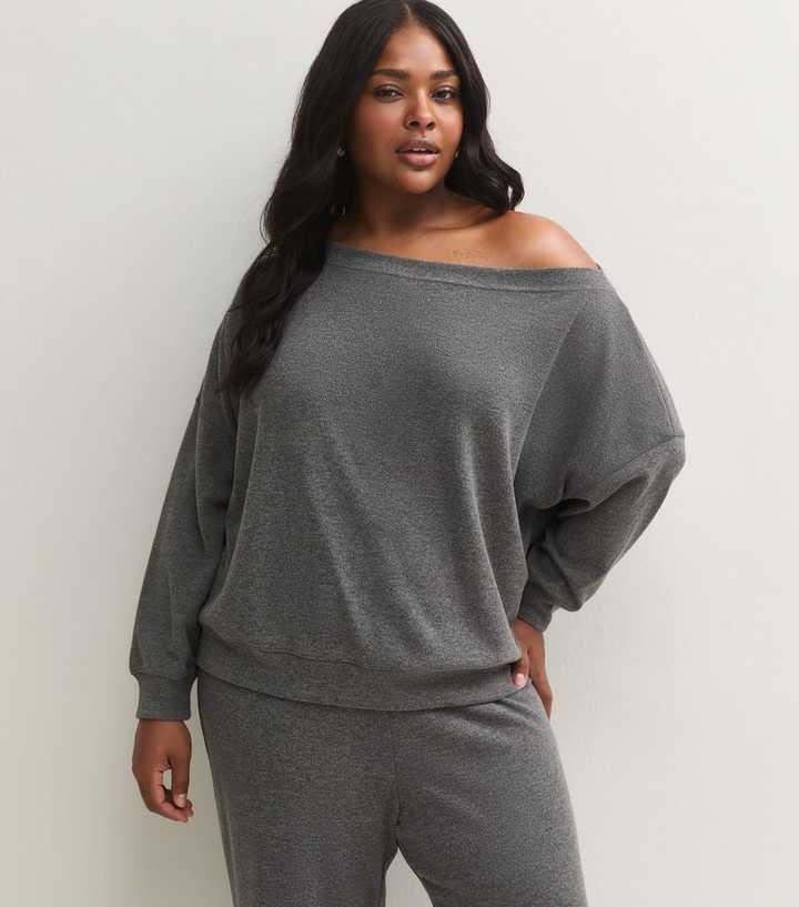 Curves Dark Grey Off the Shoulder Long Sleeve Top