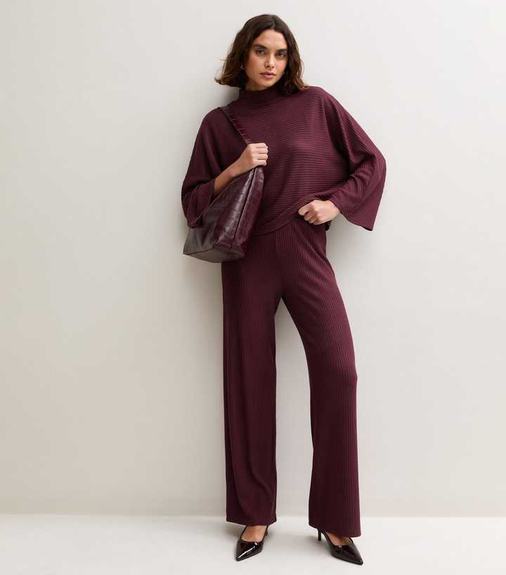 Tall Dark Burgundy Soft Touch Ribbed Trousers