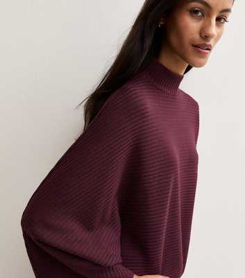 Petite Dark Burgundy Soft Touch Ribbed Stand Neck Cape Sleeve Top