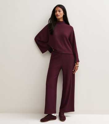 Petite Dark Burgundy Soft Touch Ribbed Wide Leg Trousers