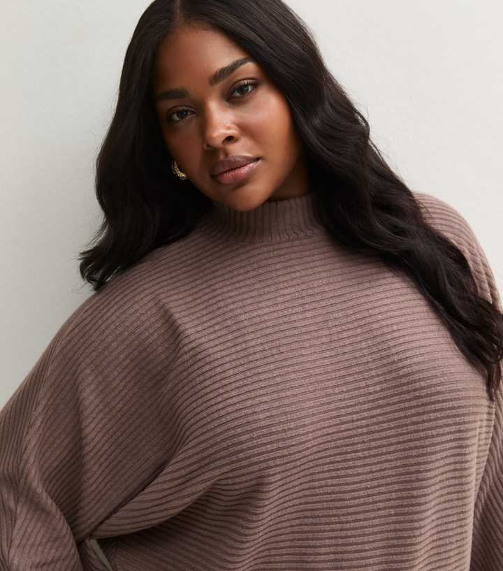 Curves Mink Ribbed Funnel Neck Long Sleeve Top