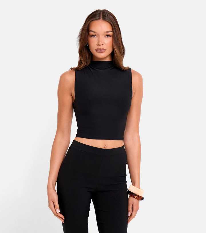 Public Desire Black High Neck Luxe Slinky Crop Top