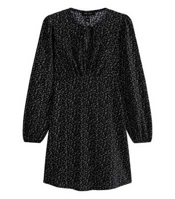 Black Rose Print Crinkle Texture Keyhole Neck Long Sleeve Mini Dress