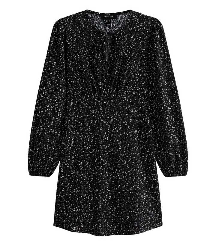 Black Rose Print Crinkle Texture Keyhole Neck Long Sleeve Mini Dress