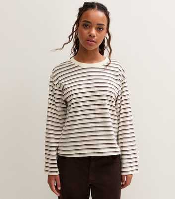 Girls White Cotton Long Sleeve Boxy Fit Striped Top