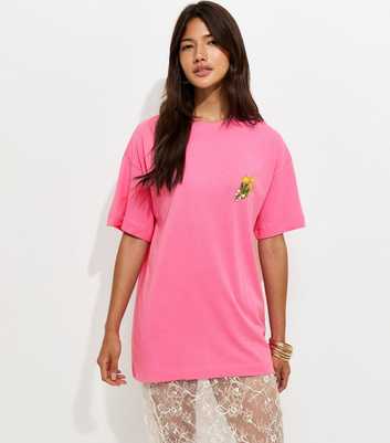 Bright Pink Cotton Tulip Print Oversized T-Shirt