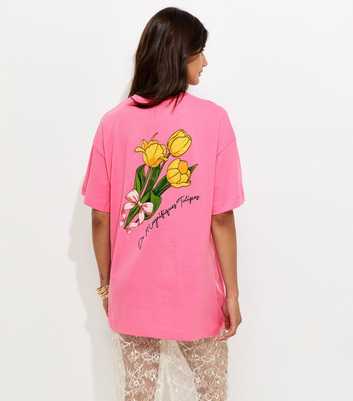 Bright Pink Cotton Tulip Print Oversized T-Shirt