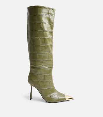 Public Desire Green Faux Leather Radiate Croc Embellished Knee High Boots