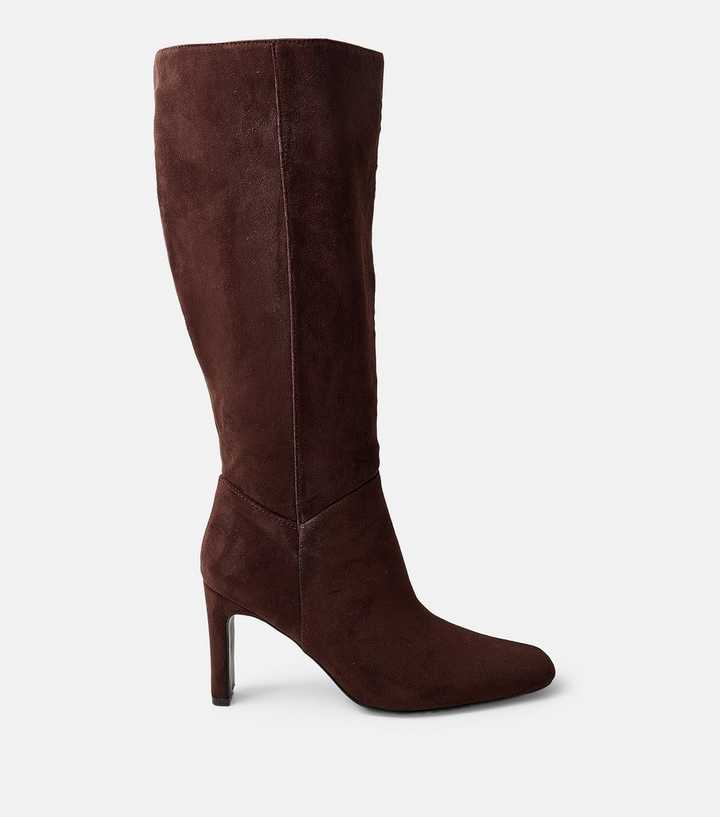 Public Desire Dark Brown Faux Suede Knee High Heeled Boot