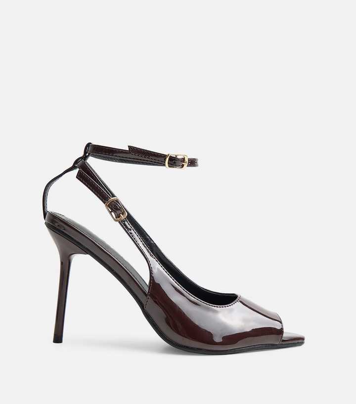 Public Desire Dark Brown Faux Patent Leather Chiara Ankle Strap Heels