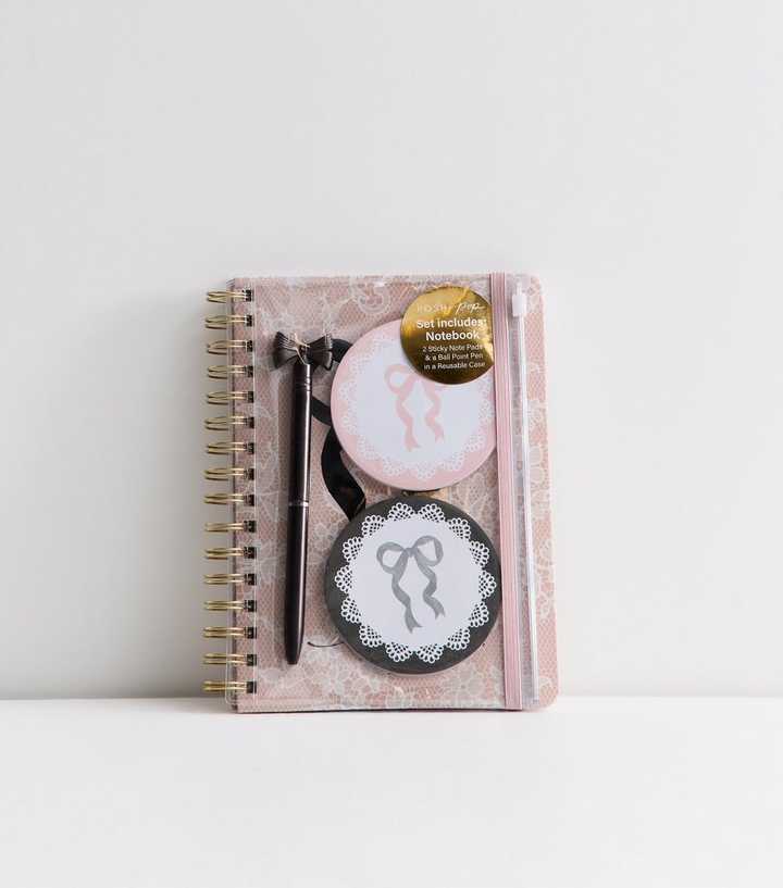 Pink Lace Print Bow Notebook and Pen Set