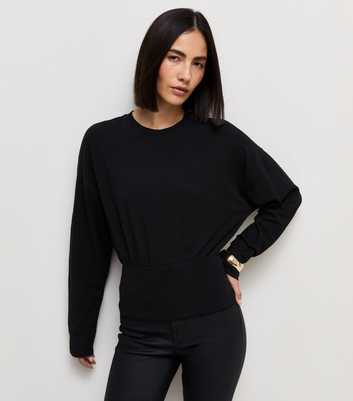 Black Cotton Rich Long Sleeve Wide Waistband Top