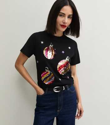 Black Cotton Sequin Bauble Crew Neck T-Shirt