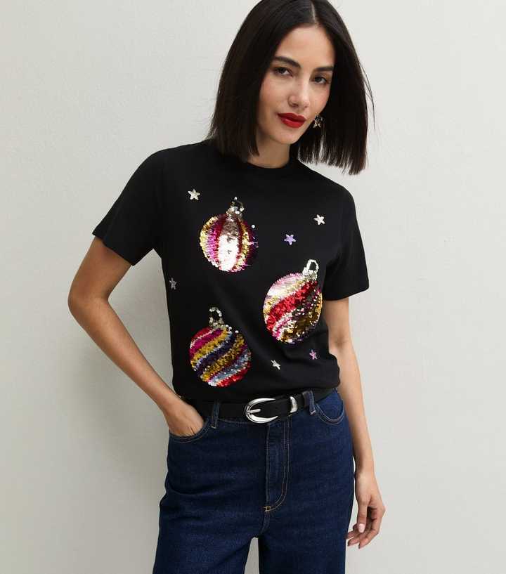 Black Cotton Sequin Bauble Crew Neck T-Shirt