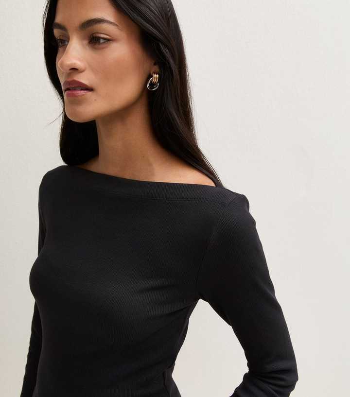 Petite Black Cotton Rich Slash Neck Long Sleeve Top