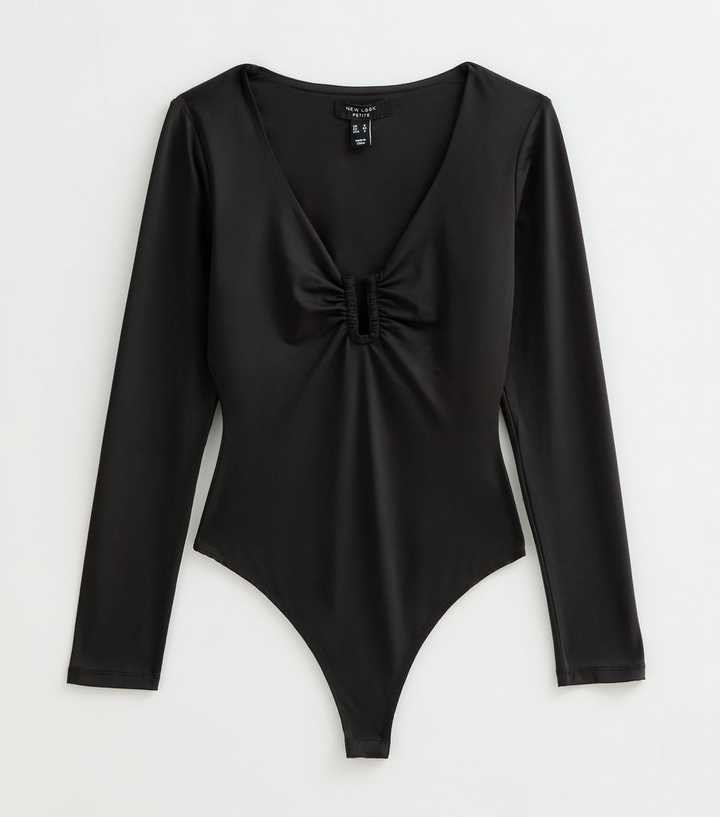 Petite Black Jersey Notched V-Neck Bodysuit