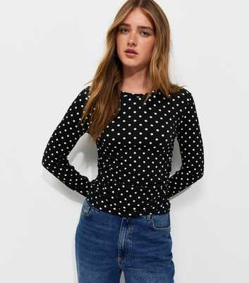 Black Polka Dot Ruched Textured Long Sleeve Top