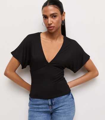 Black Jersey V Neck Flutter Sleeve Top