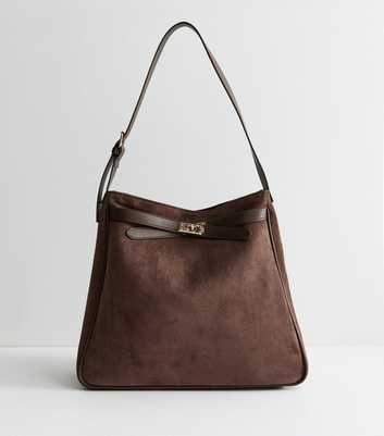 Dark Brown Faux Suede Buckle Hobo Shoulder Bag