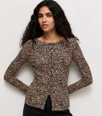 Brown Animal Print Button Through Long Sleeve Top